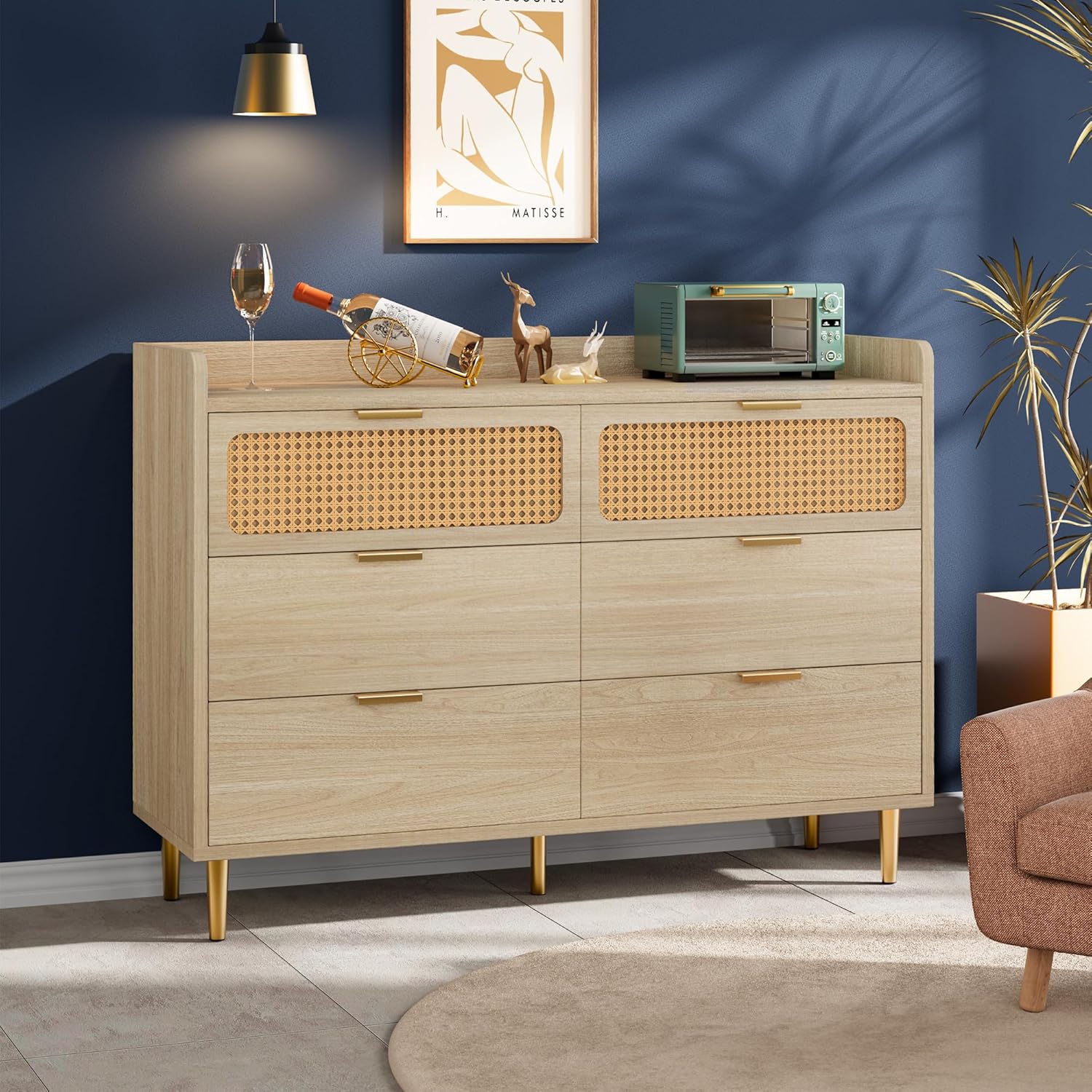 Garvee 6 Drawer Rattan Dresser, Narrow Wicker Chest of Drawer with Railed Edge, Metal Legs, Gold Handles, Farmhouse Wooden Storage Dresser for Bedroom, Nursery, Light Oak