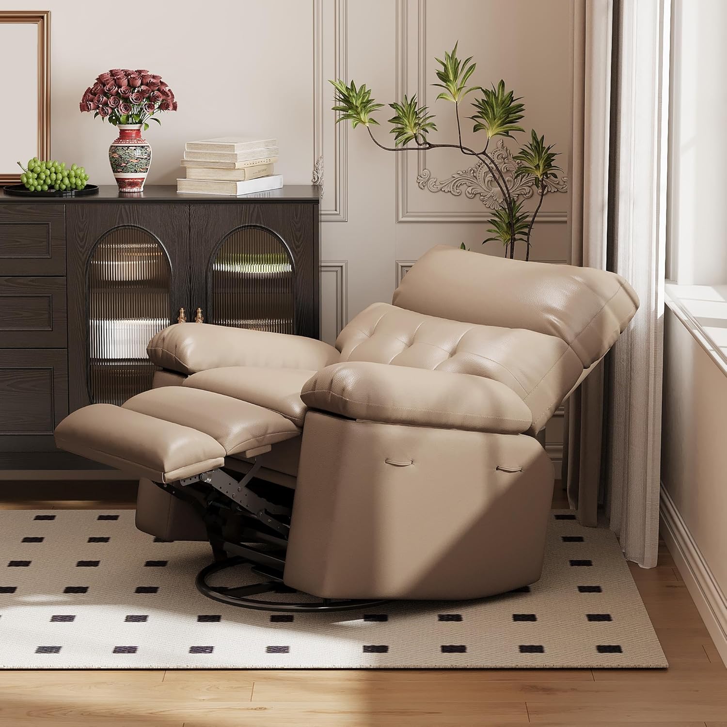 Garvee Oversized Manual Recliner, Breathable Leather Pushback Recliner Chair, Single Lazy Sofa Chair with Two Cup Holders and Side Pocket, Living Room Recliner, Tan