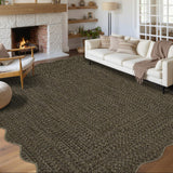 Garvee Imitation Braided Collection-Print 8x10 Area Rugs for Living Room, Nursery, Dining Room, Non-Slip Washable, Scalloped Large Carpet, Stain Resistant, Ultra-Thin Foldable, Polyester - Black & Brown