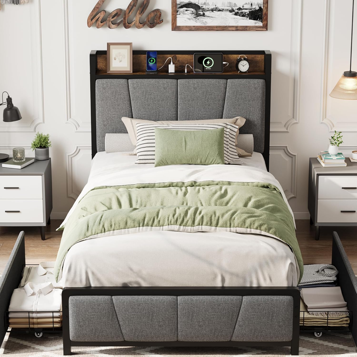 Garvee Twin Size Bed Frame with 2 Storage Drawers and Charging Station, Rustic Linen Upholstered Platform Bedframe with Storage Headboard, Heavy Duty, Easy to Assemble for Kids, Grey