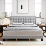 Garvee King Size Linen Upholstered Bed Frame + Adjustable Headboard & Strong Wooden Slats + Non-Slip, Noise-Free + Grey - Gray