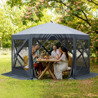 Garvee 12x12ft Camping Gazebo, Portable Pop Up Canopy Screen Tent 6 Sided with Mesh Windows and Carry Bag for Camping, Outdoor, Picnic, Backyard Party Outside Activities, Gray