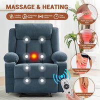 Garvee Recliner Chair 24" Seat Width, Manual Reclining Sofa with Massage and Heat, Comfy Overstuffed Rocking Chair with Side Pockets, Front Pockets and Cup Holder for Living Room, Blue