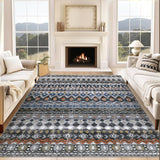 Garvee Boho Grey 9x12 Large Area Washable Rugs, Distressed Geometric Printed Living Room Rug, Non-Slip Low Pile Floor Carpet, Foldable Non-Shedding Accent Rug for Bedroom, Office - Gray