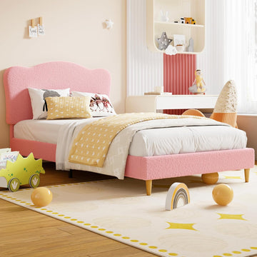 Garvee Twin Size Upholstered Bed Frame with Adjustable Crown Headboard, Velvet Princess Platform Bed, Heavy Duty, Solid Wood Slat Support, No Box Spring Needed, Easy Assembly, Pink