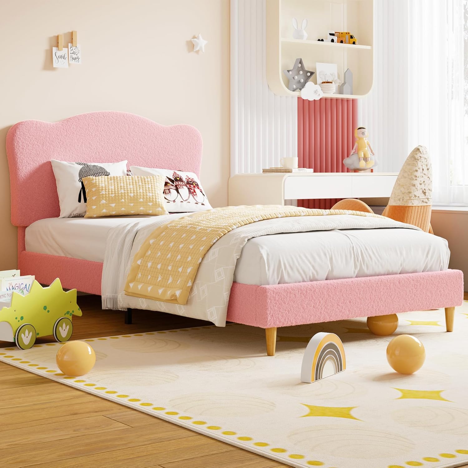 Garvee Twin Size Upholstered Bed Frame with Adjustable Crown Headboard, Velvet Princess Platform Bed, Heavy Duty, Solid Wood Slat Support, No Box Spring Needed, Easy Assembly, Pink