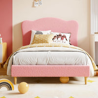 Garvee Twin Size Upholstered Bed Frame with Adjustable Crown Headboard, Velvet Princess Platform Bed, Heavy Duty, Solid Wood Slat Support, No Box Spring Needed, Easy Assembly, Pink