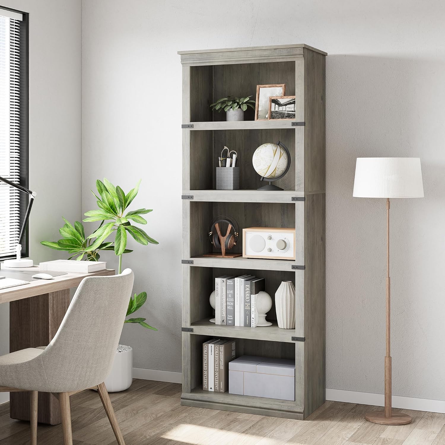 Garvee 5 Tier Farmhouse Bookcase, 67.4 in Tall Book Shelf with Storage, Wooden Bookshelves 5 Shelf Display Shelvesfor Home Office, Living Room, Bed Room (Gray, 67.4 in H x 24.4 in W x 12.8 in D)