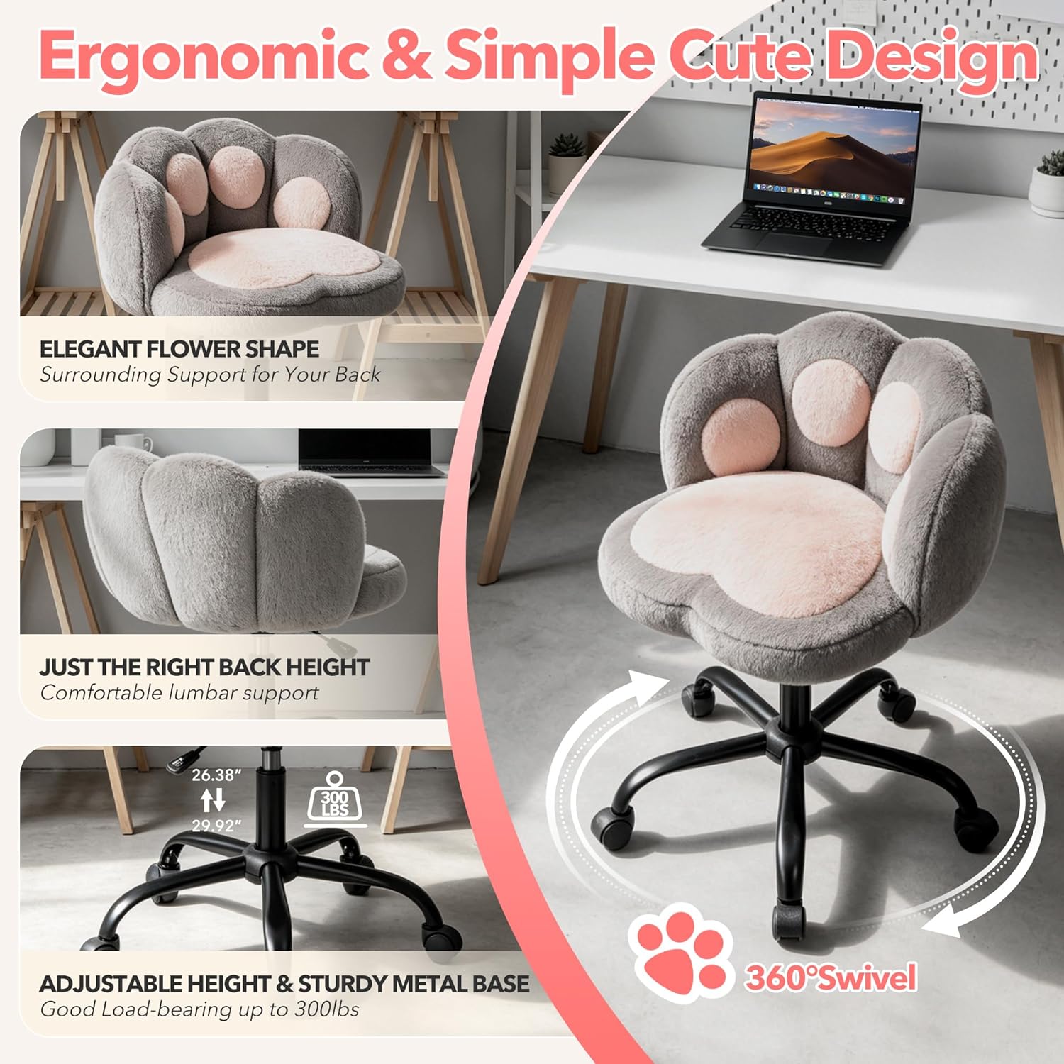 Garvee Cute Cat Paw Vanity Chair – Armless Rolling Desk Chair, Adjustable Height, Swivel Stuffed Fabric Seat, Comfortable Lumbar Support, Kids Room or Bedroom, Color: Gray + Pink