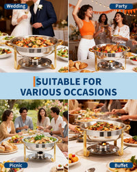 Garvee 2 Pack Chafing Dishes for Buffet, 5 QT Round Buffet Servers and Food Warmer Set with Lid, Stainless Steel Chafers for Catering Parties Wedding Banquet, Gold