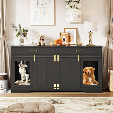 Garvee 71" Extra Large Dog Crate Furniture, Heavy Duty Wood  Double Kennel Furniture with Removable Divider, 2 Lockable Doors & 2 Drawers, Indoor Pet Crate End Table TV Stand for Living Room