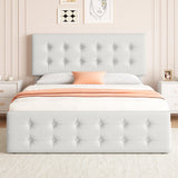 Garvee Full Size Bed Frame with 4 Storage Drawers and Headboard, Faux Leather Upholstered Platform Bed Frame with Wooden Slats Support, Button Tufted Design, No Box Spring Needed, Beige - Off-White PU