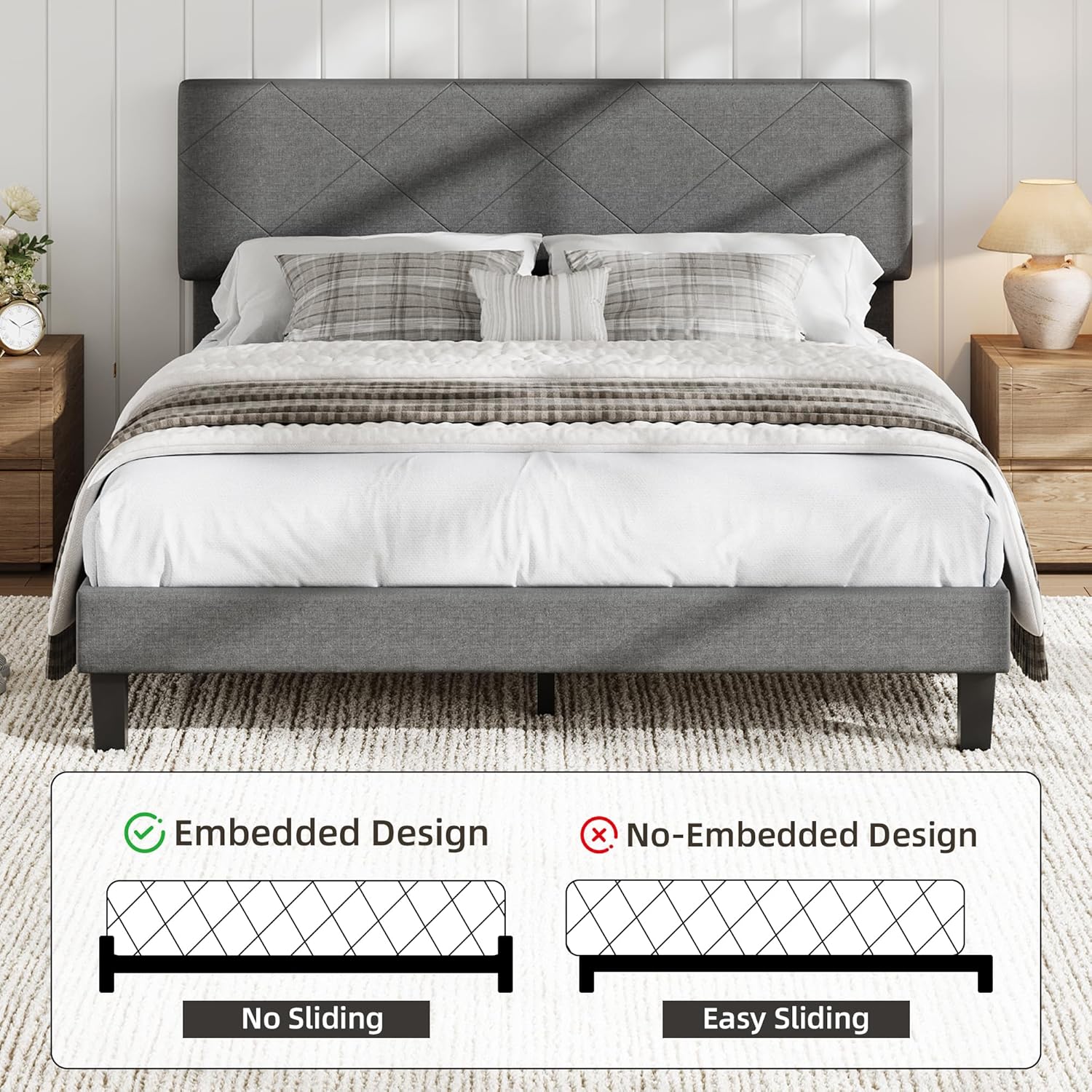 Garvee Queen Size Bed Frame with Upholstered Headboard, Queen Size Platform Bed Frame with Wooden Slat Support, Easy Assembly Platform Bed, No Box Spring Needed & Noise Free, Gray