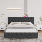 Garvee Queen Size Bed Frame with USB Ports，Upholstered Platform with Adjustable Headboard, Strong Frame and Wooden Slats Support, Linen Fabric Wrap No Box Spring Needed, Easy Assembly, Dark Grey - Dark Gray
