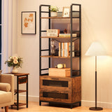 Garvee Bookshelf with Drawers Industrial Bookcase with 4 Tiers Open Storage Shelves Rustic Bookshelves 70.87" Tall Display Racks Farmhouse Bookshelf for Bedroom, Living Room, Home Office, Brown