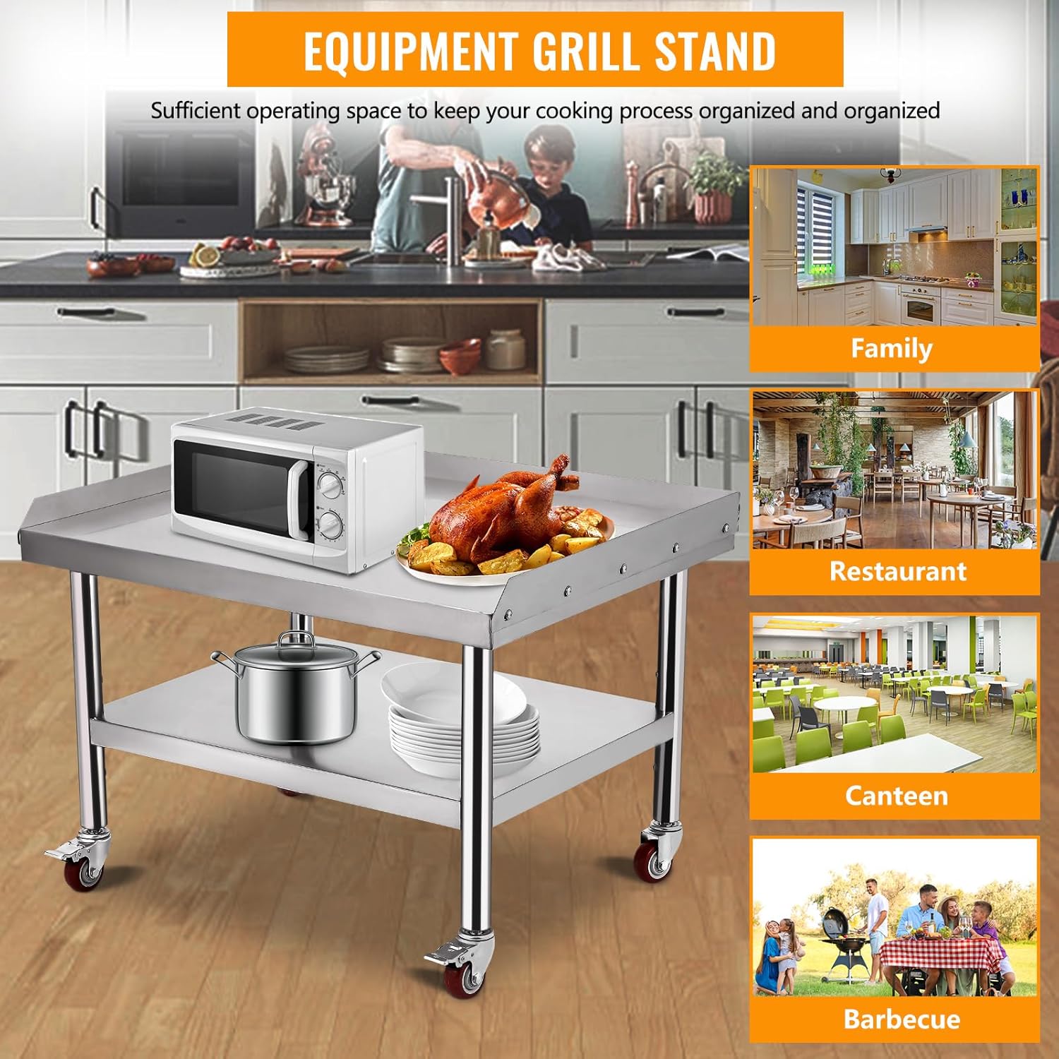 GARVEE 24"L x 24"W x 29"H Stainless Steel Equipment Grill Stand Table - 1000 lbs Top Shelf, 220 lbs Bottom Shelf, 2" Edge Baffle, with Wheels for Home, Hotel, and Commercial Kitchens