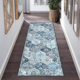 Garvee Trellis Runner Rug 2x6 Non-Slip Washable Faux Wool Ultra-Soft Vintage Style for Kitchen, Bathroom, Laundry Room - Blue