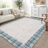 Garvee Bordered Blue 9x12 Area Washable Rug Modern Plaid Rug Stain Resistant Accent Rugs Low Pile Non Slip Rugs Indoor Floor Cover Soft Carpet for Bedroom Living Room - Blue
