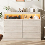 Garvee 6-Drawer Dresser with Top Organizer Cubbies for Bedroom, Modern Dresser with LED Lights & Charging Station, Wide Chest of 6 Drawers for Living Room, Hallway, Closet, Oak - Oak