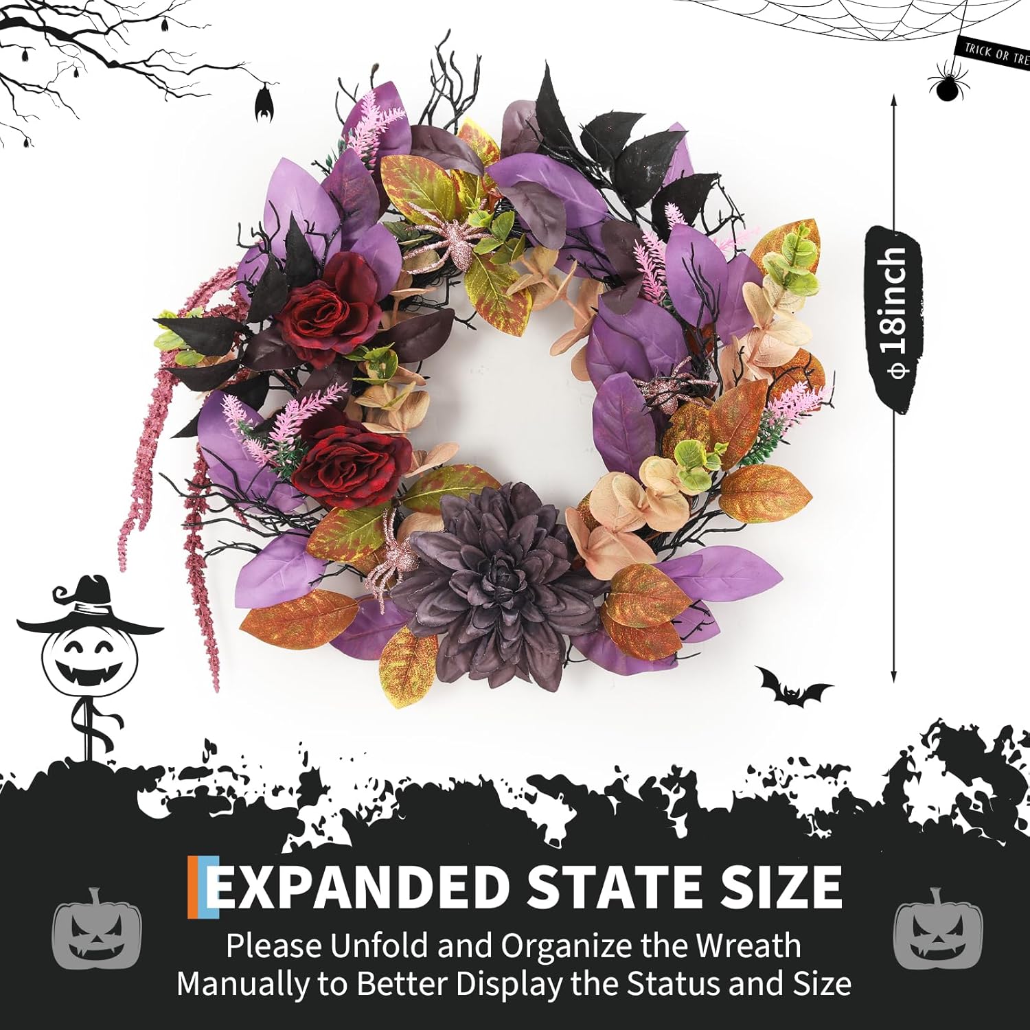 Garvee 18 Inch Halloween Wreath, Halloween Garland with Artificial Roses & Spiders, Indoor Outdoor Holiday Accent Decoration for Front Door Porch Wall Home Party Window, Red & Purple