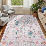 Garvee 4x6 Pink Washable Area Rug Floral Peacock Design for Bedroom Girls, Living Room, Kids Room, Office, Dining Room, Non Slip, Low Pile, Stain Resistant - Pink