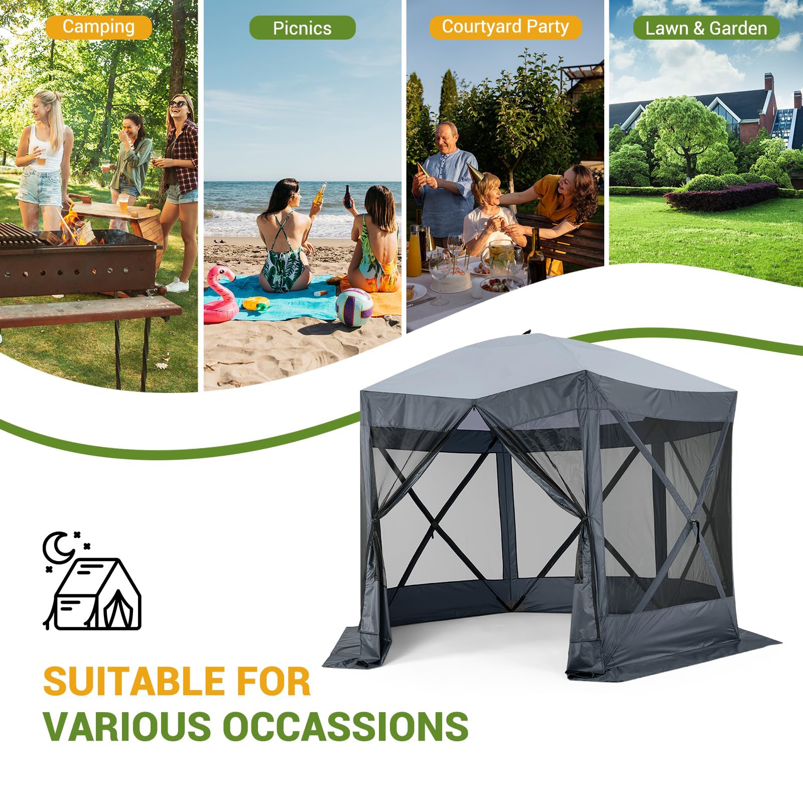 Garvee Pop Up Gazebo,10 X 10 Ft Portable Outdoor Camping Pop Up Canopy Screen Tent with Mosquito Netting Gazebo,Waterproof 6 Sidewalls,Ground Stakes,Carry Bag for Lawn, Garden, Backyard(Gray)