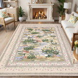 Garvee Beige Botanical Floral Area Rug 8x10, Washable Non Slip Low Pile Indoor Carpet, Vintage Nature Pond Farmhouse Rug for Living Room Bedroom Dining Room - Beige