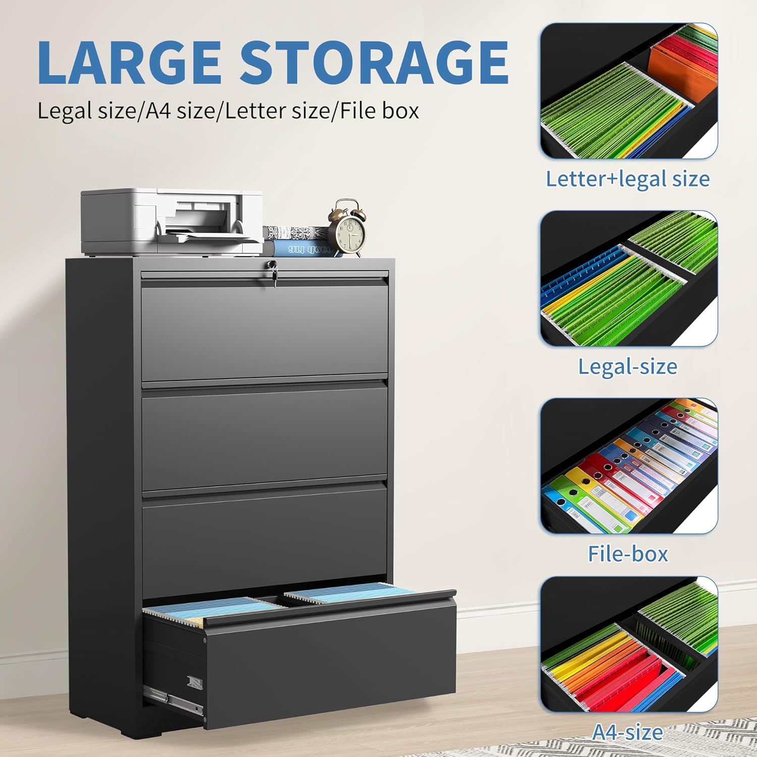 Garvee 4 Drawers Lateral File Cabinet, Metal Filing Cabinet with Lock for Home Office, Wide Steel Storage Cabinet Commercial Drawer Cabinets for Legal/Letter/A4 Size Files, Assembly Required