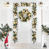 Garvee Christmas Wreath for Front Door, 24 Inch Outdoor Christmas Wreath, Battery Operated Xmas Wreath with Gold White Ball Ornaments Pine Cones and 20 LED Lights for Home Holiday Decor