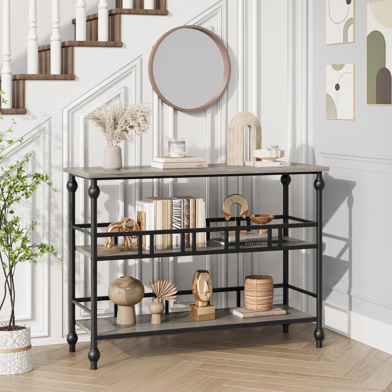 Garvee Console Table 3-Tier Narrow Entryway Storage, 43" Behind Couch Table, MDF Wood & Metal, Adjustable Footpads, Living Room, Foyer, Bedroom