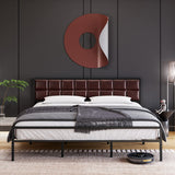 Garvee King Size Bed Frame, Faux Leather Platform Bed Frame with Upholstered Square Stitched Headboard, Metal Bed Frame with Steel Slats Support, Box Spring Optional, Easy Assembly, Red Brown - Red Brown