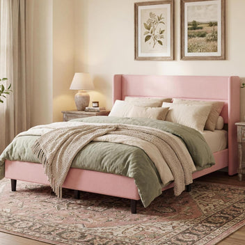 Garvee Queen Bed Frame with Wingback Headboard, Velvet Upholstered Platform Bed Frame with Sturdy Wooden Slats Support, No Box Spring Needed, Easy Assembly