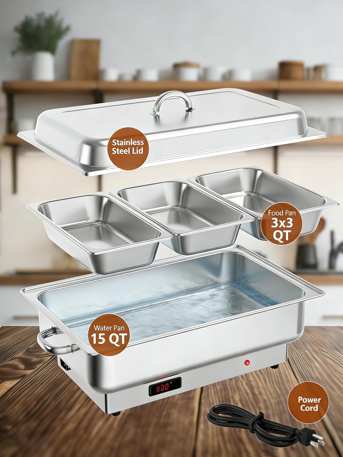 GARVEE 2 PACK Electric Chafing Dish Buffet Set,3 x 3 QT Stainless Steel Food Warmers, 600W Digital Display Temperature Control Serving Trays for Parties Catering Weddings, Sections Dishwasher Safe