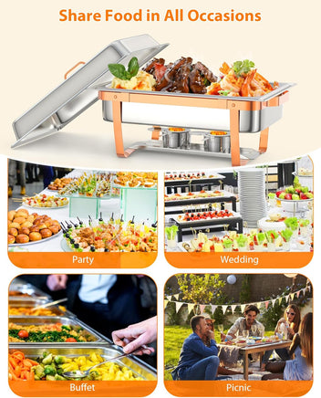 Garvee Chafing Dish Buffet Set, 8QT 4 Pack, Rectangle Chafing Dishes for Buffet w/Lid Holder, Stainless Steel Chafer Food Warmers Servers with Spoon and Tweezers for Kitchen Party Banquet Dining, Rose Gold