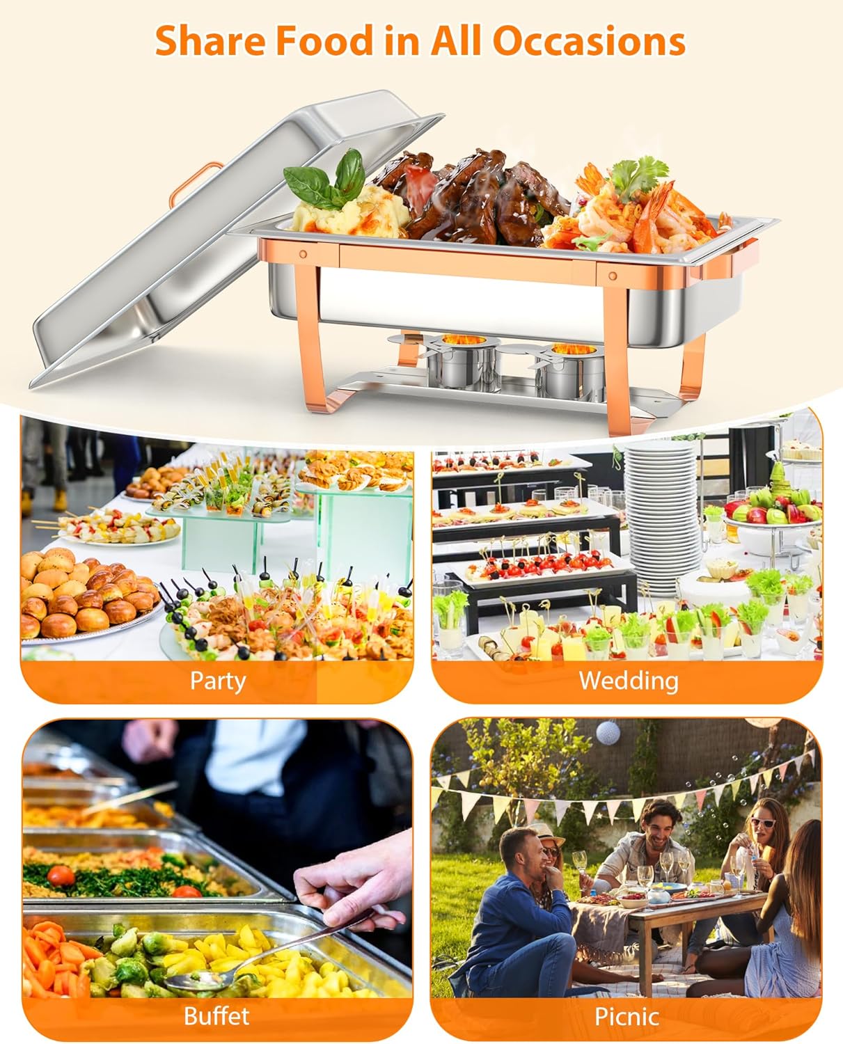 Garvee Chafing Dish Buffet Set, 8QT 4 Pack, Rectangle Chafing Dishes for Buffet w/Lid Holder, Stainless Steel Chafer Food Warmers Servers with Spoon and Tweezers for Kitchen Party Banquet Dining, Rose Gold