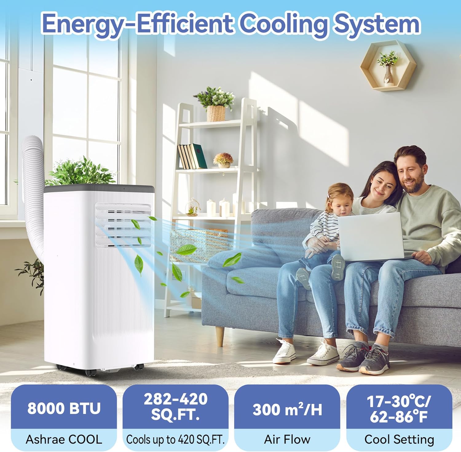 Garvee 8,000 BTU Portable Air Conditioner Up to 350 Sq.Ft, 3-In-1 Portable AC Unit with Cool/Fan/Dehumidifier, Room Air Conditioner with Remote Control, Full Window Kit, White