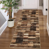 Garvee 2' x 6' Distressed Patchwork Runner Rug, Washable Non-Slip Soft Low-Pile Geometric Rug for Hallway, Kitchen & Entryway, Brown - Brown