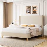 Garvee King Size Bed Frame, Upholstered Platform Velvet Bed Frame with Vertical Channel Tufted Wingback Headboard, Strong Wooden Slats, No Box Spring Needed, Easy Assembly, Beige - Beige