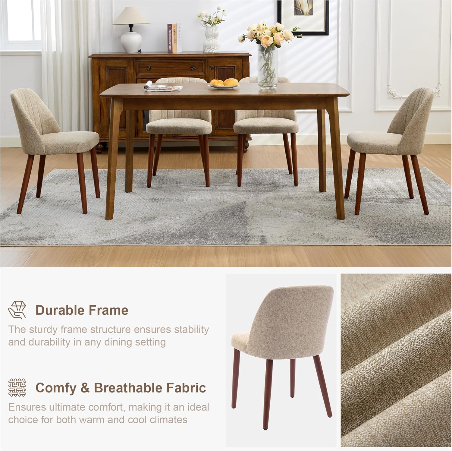 Garvee Set of 2 Mid-Century Modern Fabric Upholstered Dining Chairs with Padded and Solid Wood Legs, Camel