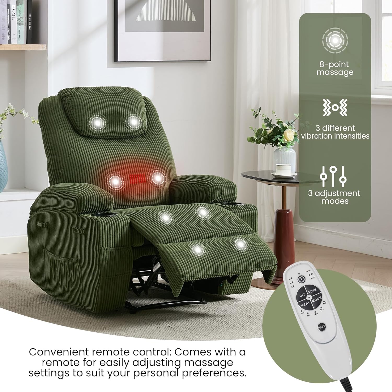 Garvee Manual Recliner Chair with Massage and Heat, Ultra-Comfortable 135° Adjustable Reclining Sofa for Living Room & Bedroom, with Cup Holders & Pockets, Corduroy Green