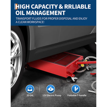 Garvee Low Profile 110V Oil Drain Pan Cart With 180W Electric Pump, 20-Gallon Metal Pan, Folding Handle, For Cars SUVs Trucks Buses RVs, Black
