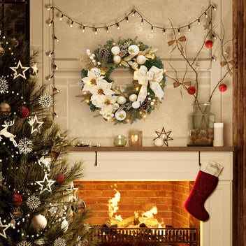 Garvee Pre-Lit Christmas Wreath for Front Door, 24 Inch Large Lighted Wreath with Xmas Balls, Artificial Flower & Bow, Battery Operated Christmas Wreath for Fireplace Window Wall Decor, Champagne