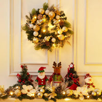 Garvee Christmas Wreath for Front Door, 24 Inch Outdoor Christmas Wreath, Battery Operated Xmas Wreath with Gold White Ball Ornaments Pine Cones and 20 LED Lights for Home Holiday Decor