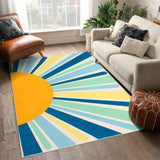 Garvee Washable Area Rug Colorful Sunrise Nursery Rug 5x7 Area Rug Non-Slip Low Pile Throw Floor Cover Large Bedroom Carpet Boho Retro Carpet Sun Rug for Living Room Playroom, Blue - Blue
