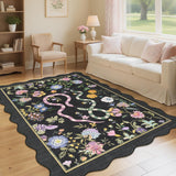 Garvee Machine Washable 8x10 Scalloped Rug Black Floral Animal Print Non-Slip Low Pile for Living Room and Dining Room - Black