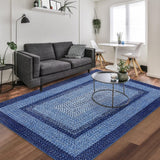Garvee Bordered Navy Blue 8x10 Boho Braided Area Rug, Washable Vintage Low-Pile Carpet with Non-Slip TPR Backing, Foldable Polyester for Living Room, Bedroom, Office - Navy Blue