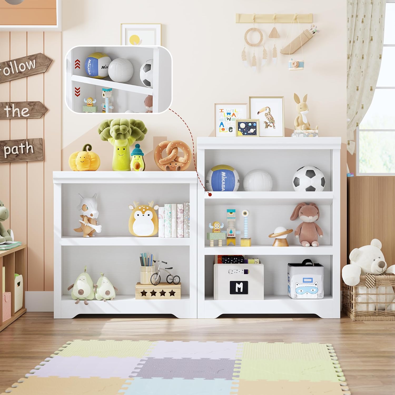 Garvee 3 Tier Bookshelf, 39.4" Tall Farmhouse Bookcase with Adjustable Shelves, 31.5" W Floor Standing Open Display Storage Rack with Anti-Slip Design for Home Office, Balcony, Library, Study / Living Room, White