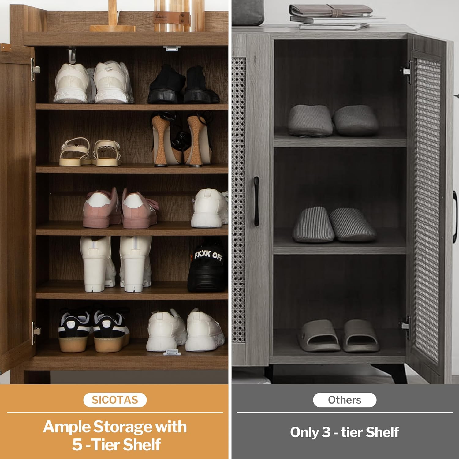Garvee Boho 32" Rattan Shoe Storage Cabinet with 2 Doors and Adjustable Shelves for Entryway, Hallway, Living Room and Bedroom, Dark Oak