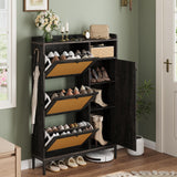 Garvee Mobile Shoe Cabinet Rattan Natural 3 Flip Drawers 4 Side Shelves MDF Metal Handles Narrow Modern Entryway - P Deep Vintage Oak Upgraded Edition