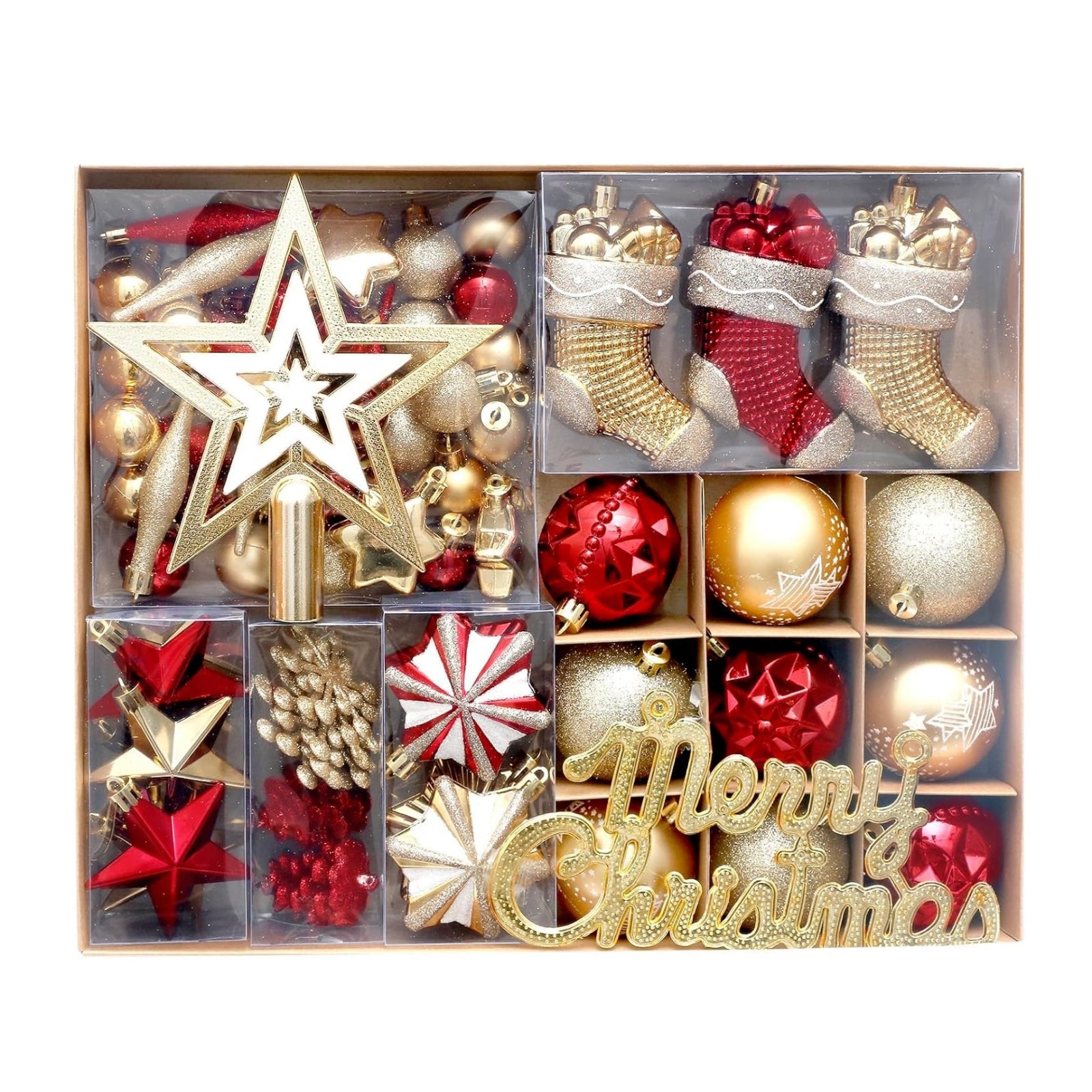 Garvee 70 Pcs Christmas Tree Ornaments Shatterproof Plastic Balls Glitter Stars Stockings Xmas Party Home Decor